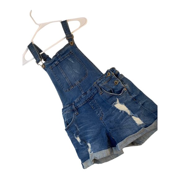 Denim Distress Stretch Short Overalls I & M Jeans Cuffed Hem Size S/M Jr 9066 - Picture 1 of 6